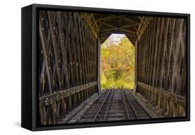 USA, Vermont, Fall foliage seen off Rt. 15, Wolcott, Fisher Covered Railroad Bridge (1908)-Alison Jones-Framed Stretched Canvas