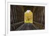 USA, Vermont, Fall foliage seen off Rt. 15, Wolcott, Fisher Covered Railroad Bridge (1908)-Alison Jones-Framed Photographic Print