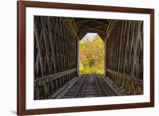 USA, Vermont, Fall foliage seen off Rt. 15, Wolcott, Fisher Covered Railroad Bridge (1908)-Alison Jones-Framed Photographic Print