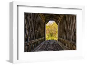 USA, Vermont, Fall foliage seen off Rt. 15, Wolcott, Fisher Covered Railroad Bridge (1908)-Alison Jones-Framed Photographic Print