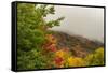 USA, Vermont, New England, Stowe Mt. Mansfield parking lot view with fog on mountains-Alison Jones-Framed Stretched Canvas