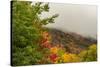 USA, Vermont, New England, Stowe Mt. Mansfield parking lot view with fog on mountains-Alison Jones-Stretched Canvas