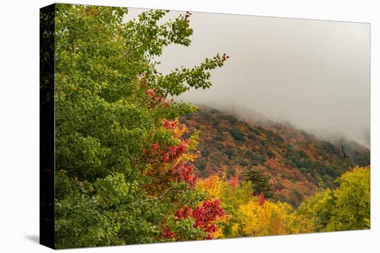 USA, Vermont, New England, Stowe Mt. Mansfield parking lot view with fog on mountains-Alison Jones-Stretched Canvas