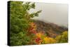 USA, Vermont, New England, Stowe Mt. Mansfield parking lot view with fog on mountains-Alison Jones-Stretched Canvas