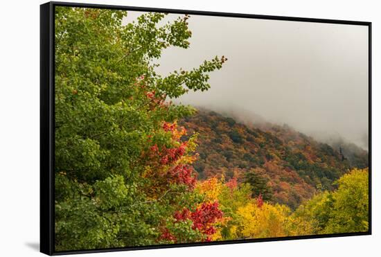 USA, Vermont, New England, Stowe Mt. Mansfield parking lot view with fog on mountains-Alison Jones-Framed Stretched Canvas