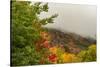 USA, Vermont, New England, Stowe Mt. Mansfield parking lot view with fog on mountains-Alison Jones-Stretched Canvas