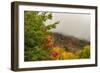 USA, Vermont, New England, Stowe Mt. Mansfield parking lot view with fog on mountains-Alison Jones-Framed Photographic Print