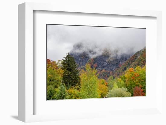 USA, Vermont, New England, Stowe Mt. Mansfield parking lot view with fog on mountains-Alison Jones-Framed Photographic Print