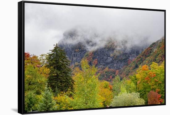 USA, Vermont, New England, Stowe Mt. Mansfield parking lot view with fog on mountains-Alison Jones-Framed Stretched Canvas