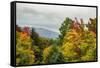 USA, Vermont, New England, Stowe Mt. Mansfield parking lot view with fog on mountains-Alison Jones-Framed Stretched Canvas