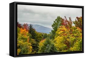 USA, Vermont, New England, Stowe Mt. Mansfield parking lot view with fog on mountains-Alison Jones-Framed Stretched Canvas