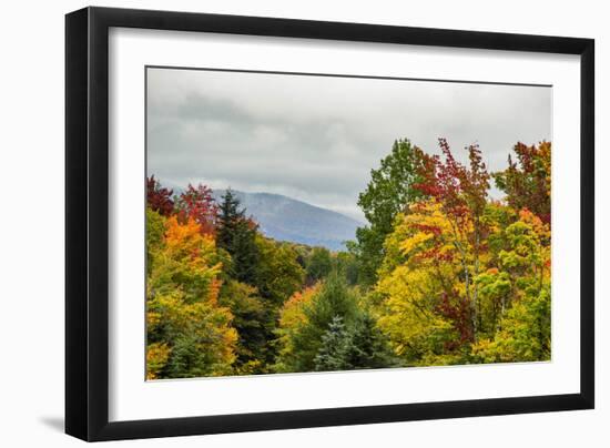 USA, Vermont, New England, Stowe Mt. Mansfield parking lot view with fog on mountains-Alison Jones-Framed Photographic Print