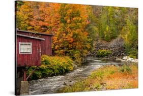 USA, Vermont, Stowe, red mill on Little River as it flows south of Stowe to Winooski River-Alison Jones-Stretched Canvas