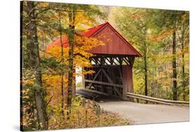 USA, Vermont, Stowe, Sterling Valley Road covered bridge in fall foliage-Alison Jones-Stretched Canvas