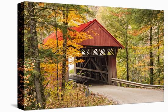 USA, Vermont, Stowe, Sterling Valley Road covered bridge in fall foliage-Alison Jones-Stretched Canvas