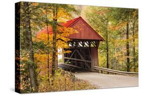 USA, Vermont, Stowe, Sterling Valley Road covered bridge in fall foliage-Alison Jones-Stretched Canvas