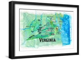 USA Virginia State Travel Poster Map With Highlights And FavoritesL-M. Bleichner-Framed Art Print