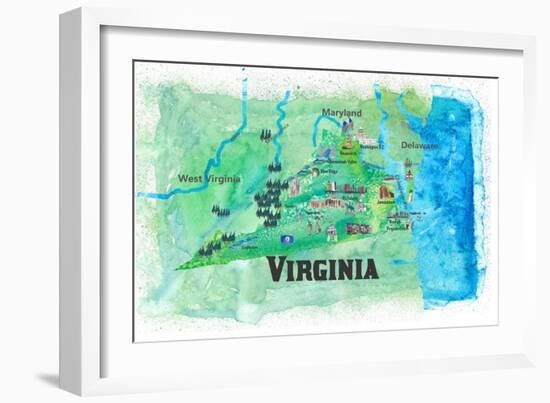 USA Virginia State Travel Poster Map With Highlights And FavoritesL-M. Bleichner-Framed Art Print