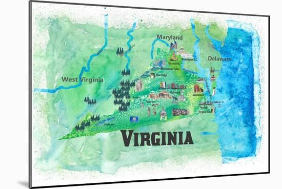 USA Virginia State Travel Poster Map With Highlights And FavoritesL-M. Bleichner-Mounted Art Print