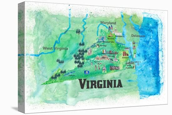 USA Virginia State Travel Poster Map With Highlights And FavoritesL-M. Bleichner-Stretched Canvas