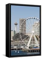 USA, WA, Seattle.Great Wheel on Pier 57 and cityscape.-Trish Drury-Framed Stretched Canvas