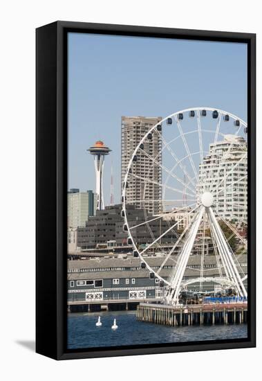 USA, WA, Seattle.Great Wheel on Pier 57 and cityscape.-Trish Drury-Framed Stretched Canvas