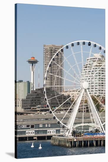 USA, WA, Seattle.Great Wheel on Pier 57 and cityscape.-Trish Drury-Stretched Canvas