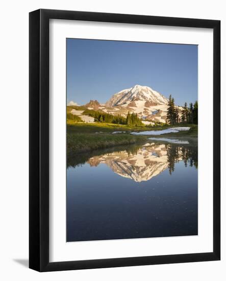 USA, WA. Tarn in Spray Park reflects Mt. Rainier in evening light at Mt. Rainier National Park.-Gary Luhm-Framed Photographic Print