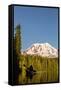 USA, WA. Woman kayaker paddles on calm, scenic Takhlakh Lake with Mt. Adams in the background.-Gary Luhm-Framed Stretched Canvas