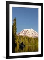 USA, WA. Woman kayaker paddles on calm, scenic Takhlakh Lake with Mt. Adams in the background.-Gary Luhm-Framed Photographic Print