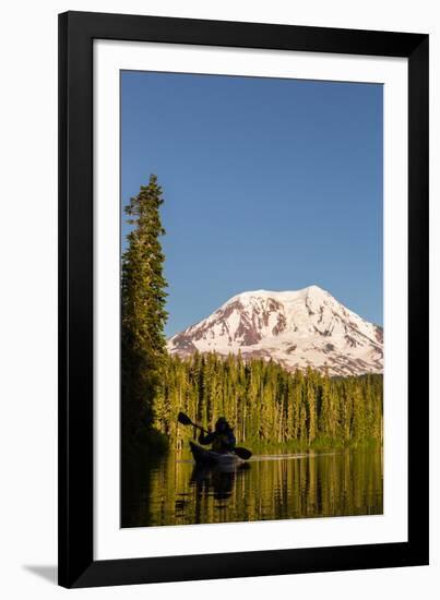 USA, WA. Woman kayaker paddles on calm, scenic Takhlakh Lake with Mt. Adams in the background.-Gary Luhm-Framed Photographic Print