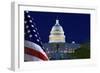 USA, Washington DC. Capitol Building and US flag at night.-Jaynes Gallery-Framed Photographic Print