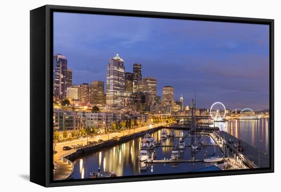 USA, Washington, Seattle. Night Time Skyline from Pier 66-Brent Bergherm-Framed Stretched Canvas