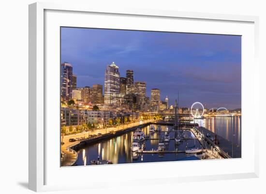 USA, Washington, Seattle. Night Time Skyline from Pier 66-Brent Bergherm-Framed Photographic Print