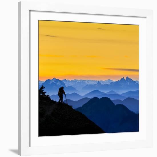 USA, Washington State. A backpacker descending from the Skyline Divide at sunset.-Gary Luhm-Framed Photographic Print