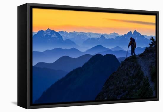 USA, Washington State. A backpacker descending from the Skyline Divide at sunset.-Gary Luhm-Framed Stretched Canvas