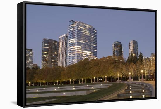 USA, Washington State, Bellevue. Downtown Park and skyline.-Merrill Images-Framed Stretched Canvas