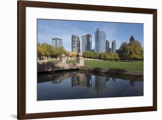 USA, Washington State, Bellevue. Downtown Park and skyline.-Merrill Images-Framed Photographic Print