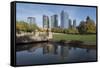 USA, Washington State, Bellevue. Downtown Park and skyline.-Merrill Images-Framed Stretched Canvas