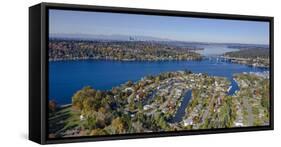USA, Washington State, Bellevue. Lake Washington and SR520 floating bridge in autumn-Merrill Images-Framed Stretched Canvas