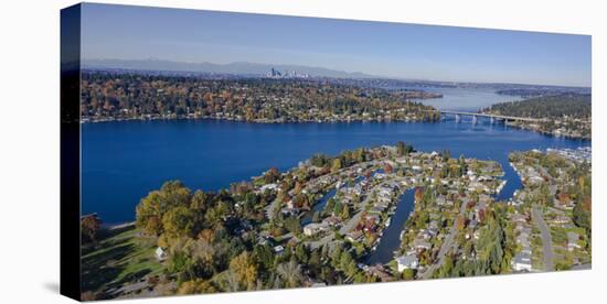 USA, Washington State, Bellevue. Lake Washington and SR520 floating bridge in autumn-Merrill Images-Stretched Canvas