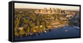 USA, Washington State, Bellevue. Meydenbauer Bay Park, Meydenbauer Bay and downtown skyline.-Merrill Images-Framed Stretched Canvas