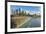 USA, Washington State, Bellevue. Pond and waterfall at Downtown Park, with skyline.-Merrill Images-Framed Photographic Print