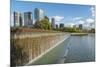 USA, Washington State, Bellevue. Pond and waterfall at Downtown Park, with skyline.-Merrill Images-Mounted Photographic Print