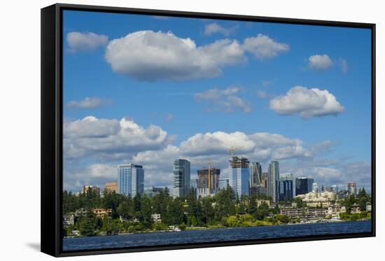 USA, Washington State, Bellevue. Skyline view from Lake Washington.-Merrill Images-Framed Stretched Canvas