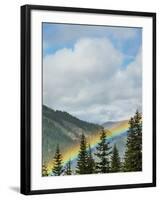 Usa, Washington State, Crystal Mountain. Rainbow in valley through trees.-Merrill Images-Framed Photographic Print