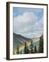 Usa, Washington State, Crystal Mountain. Rainbow in valley through trees.-Merrill Images-Framed Photographic Print