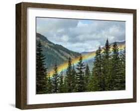 Usa, Washington State, Crystal Mountain. Rainbow in valley through trees.-Merrill Images-Framed Photographic Print