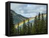 Usa, Washington State, Crystal Mountain. Rainbow in valley through trees.-Merrill Images-Framed Stretched Canvas
