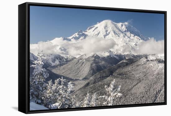 Usa, Washington State, Crystal Mountain. Snow-covered Mount Rainier viewed from Lucky Shot ski run-Merrill Images-Framed Stretched Canvas